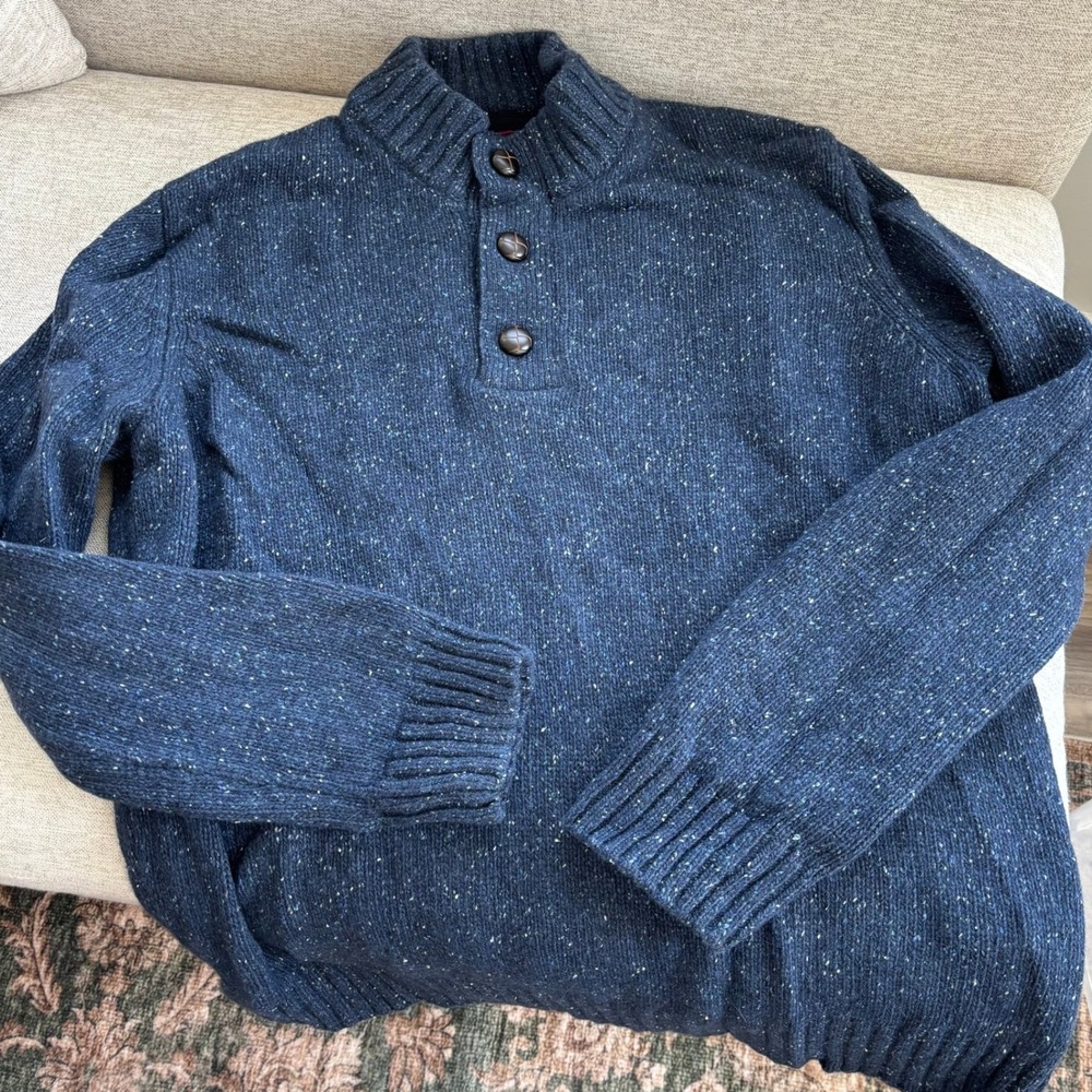 Untuckit Vangone Lambs Wool Sweater XL Navy‎ Blue Button Mock Neck Henley Fall